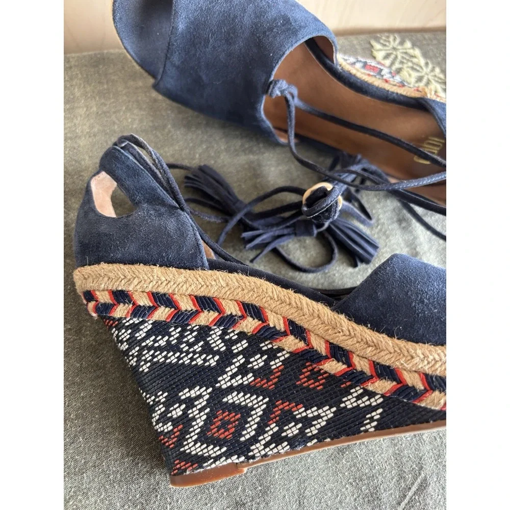 Cabi Isla Blue Suede Aztec Espadrille Wedge Heel Tie Up Womens Sz‎ 7M #6001